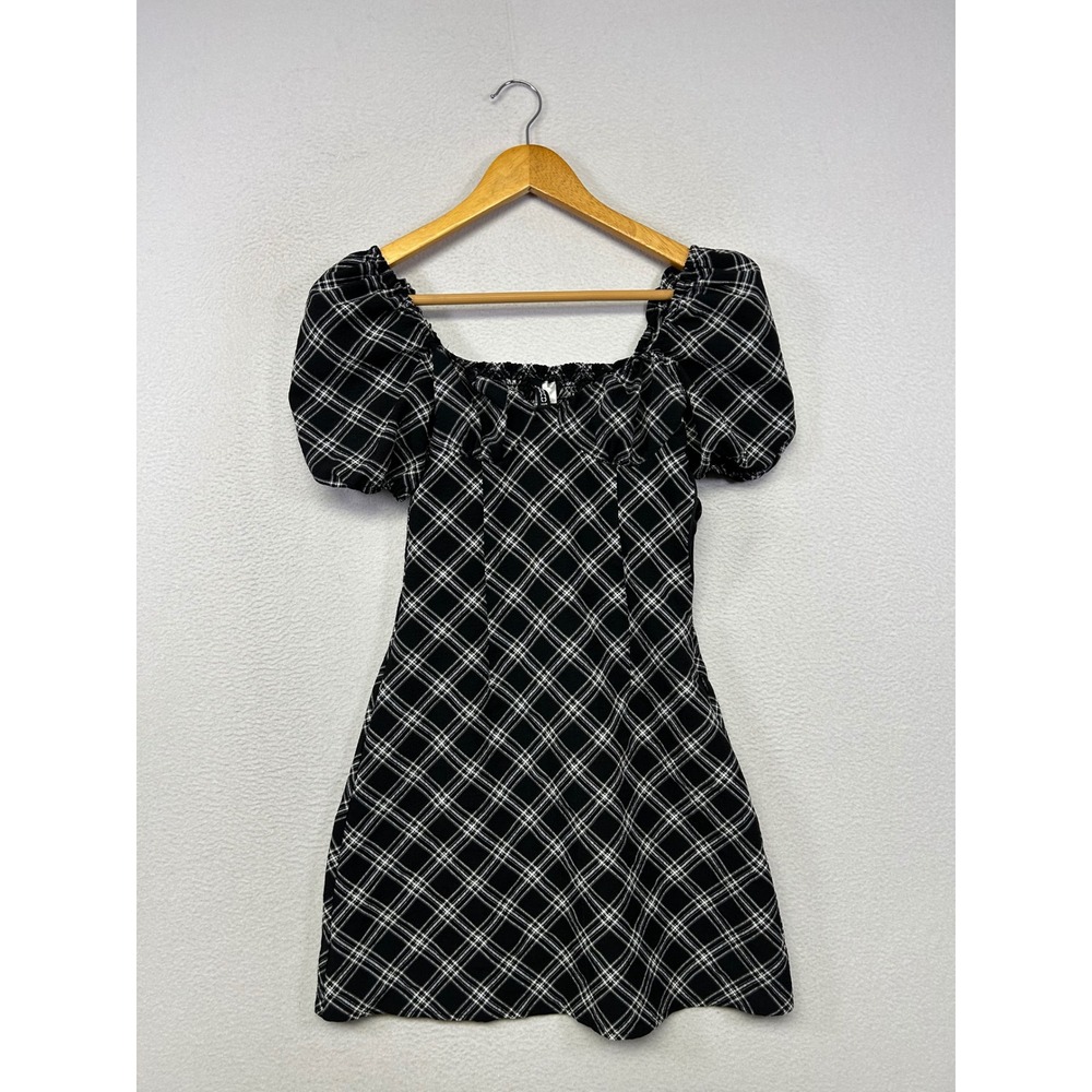 Dark Academia H&M Divided Womens XXS Black White Plaid Puff Sleeve Mini Dress
